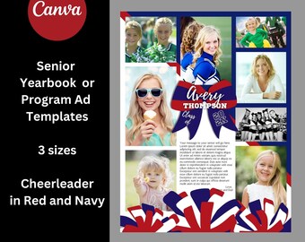 May include: A red, white, and blue cheerleader themed senior yearbook or program ad template with a photo collage and the text "Avery Thompson Class of 202X".