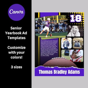Template for Senior Yearbook or Program Ad - Full, Half, and Quarter Page - Football - Personalize in Canva - All colors customizable