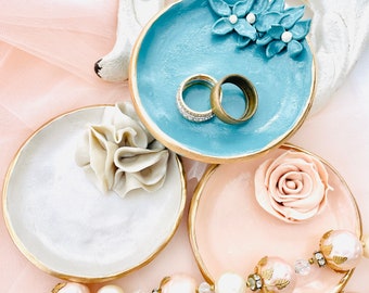 Light blue resin jewellery dish with gold foil centre