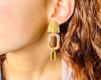 Wood and Acrylic Oval Earrings, Long Brass Wood Earrings, Wood Square Earrings, Wooden Earrings Brass Link Drop, Modern Geometric Earrings