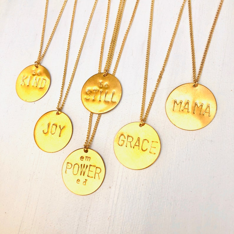 Personalized Gold Word Necklace Gold Empowered Circle Pendant Etsy