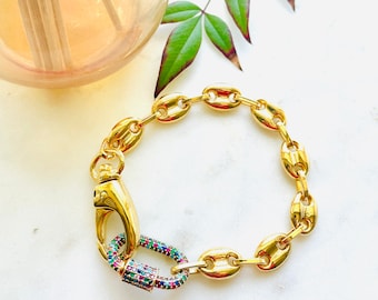 Gold Oval Link Chain Bracelet with Colorful Carabiner Clasp and Oversized Lobster clasp