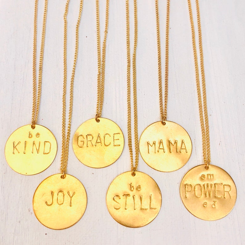 Personalized Gold Word Necklace Gold Empowered Circle Pendant Etsy