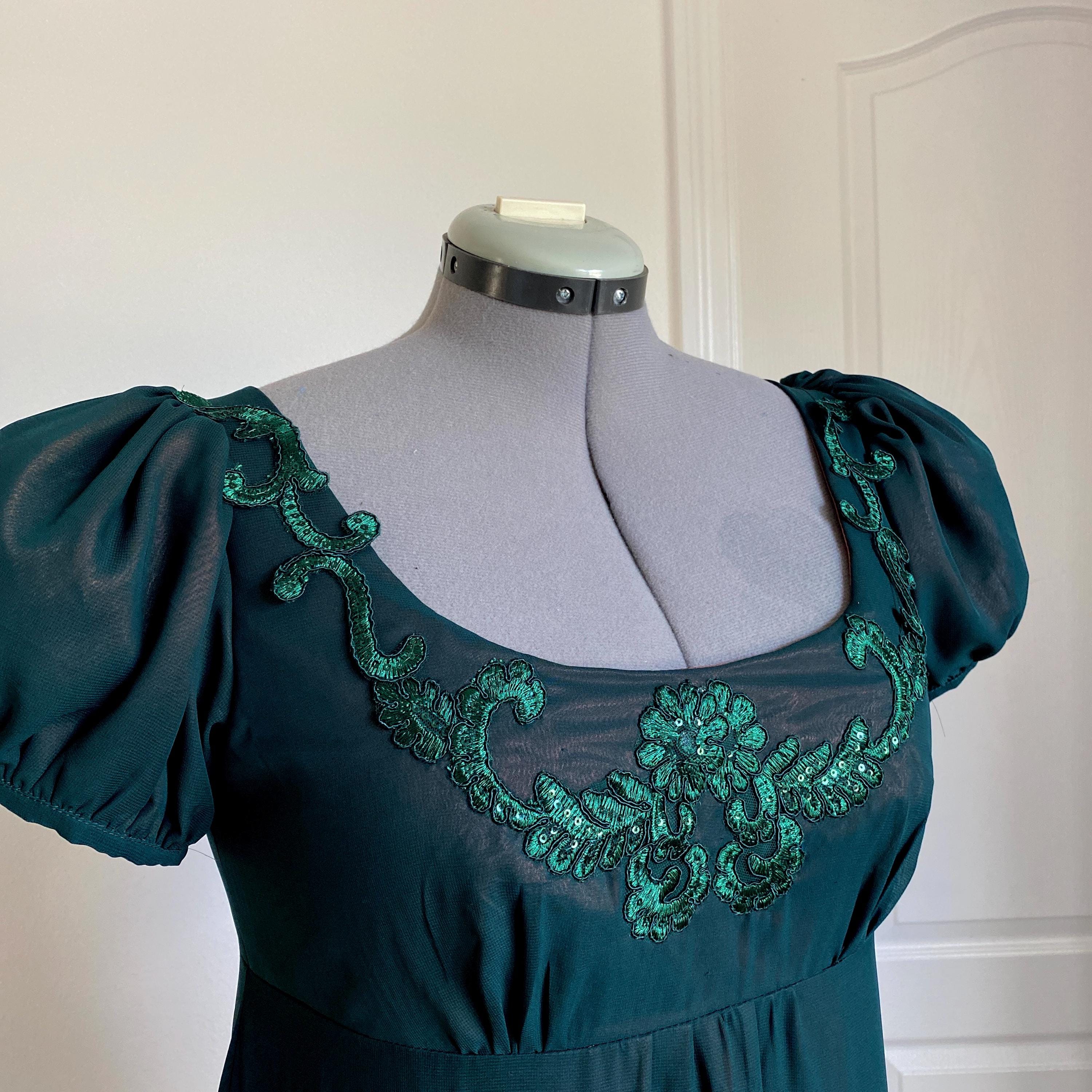 Custom Emerald Green regency dress with Copper lining/ Empire waist/ Bridgerton inspired