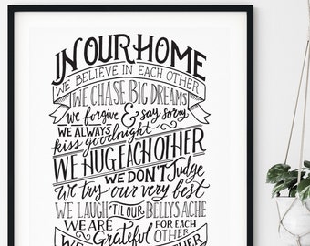 House Rules Wall Sign Print, Quote Print, Wall Art, Hand Lettered Design, Black and White, "In Our Home" Rules Wall Sign