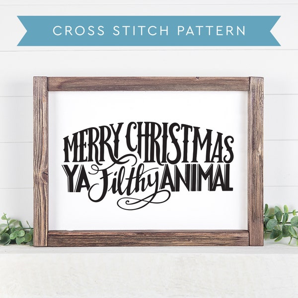 Cross Stitch patroon PDF downloaden - Kerstmis, alleen thuis offerte Cross Stitch, Merry Christmas Ya smerig dier - Hand letters ontwerp