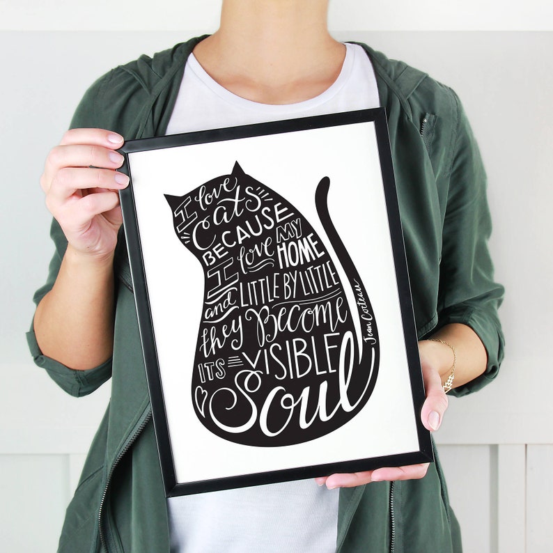 Cat Quote Print, Cat Artwork, Cat Sign, Hand Lettered Design, Perfect Gift for Cat Lover, Black and White Print image 2