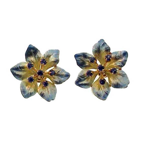 Art Nouveau 14K Gold Sapphire Enamel Flower Earrings