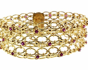 Retro 18K Yellow Gold & Ruby Mesh Bracelet