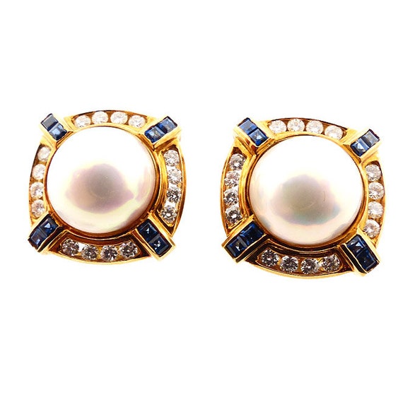 18K Gold, Pearl, Diamond & Sapphire Earrings by S… - image 2
