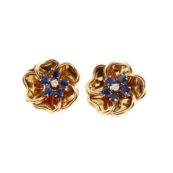 Vintage 18K Gold, Diamond & Sapphire Flower Earrings