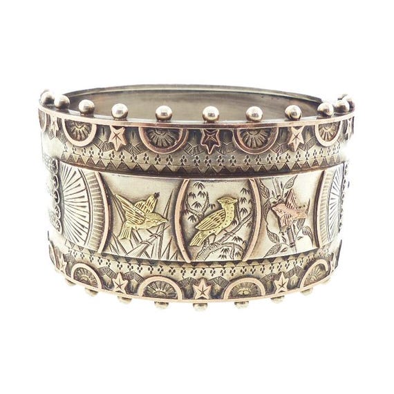 American Victorian Sterling Silver 14K Gold Japonaise Aesthetic Bangle Bracelet