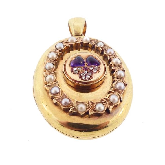Victorian 18K Gold, Diamond, Amethyst, Ruby & Pearl Pansy Locket