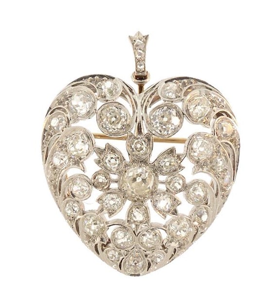 Edwardian Platinum and Diamond Puffed Heart Pendant & Brooch