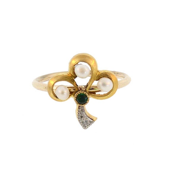 Antique French 18K Gold Pearl Emerald Diamond Stickpin Conversion Ring