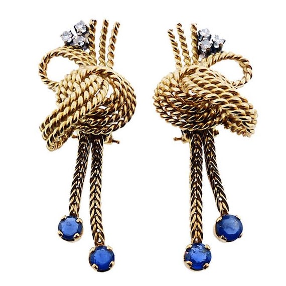 Mid-Century 18K Gold, Diamond & Sapphire Earrings