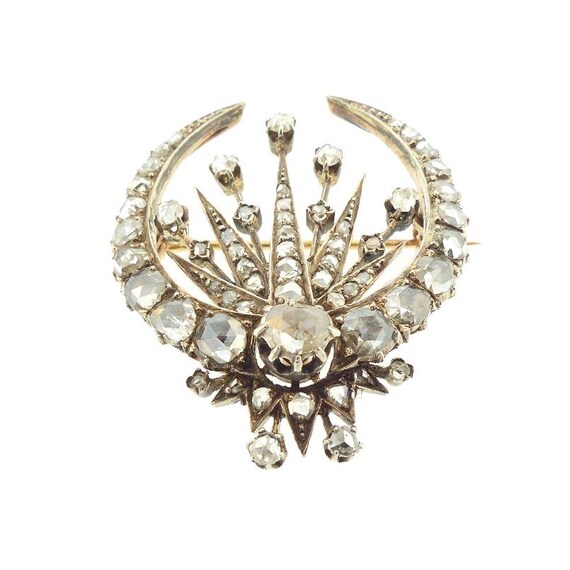 Victorian18K Gold Rose Cut Diamond Shooting Star Crescent Moon Brooch