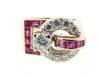 Retro 14K Gold, Platinum, Diamond & Ruby Buckle Ring