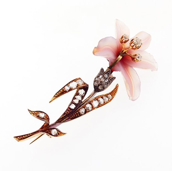 French Art Nouveau 18K Gold, Diamond & Carved Hardstone Orchid Brooch