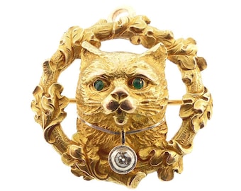 English 18K Gold, Diamond & Emerald Cat Pendant / Brooch