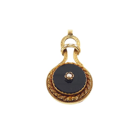 French Victorian 18K Gold, Onyx & Pearl Pendant