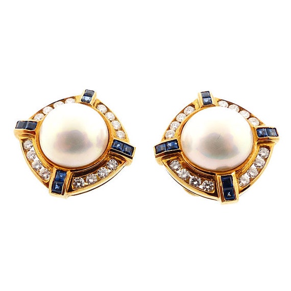18K Gold, Pearl, Diamond & Sapphire Earrings by S… - image 3