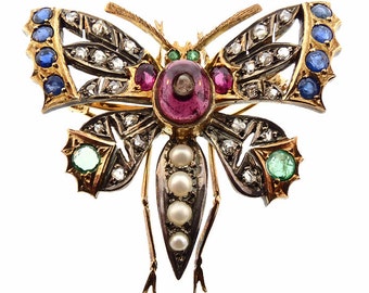 Victorian 14K Gold Ruby Emerald Sapphire Diamond Butterfly Brooch