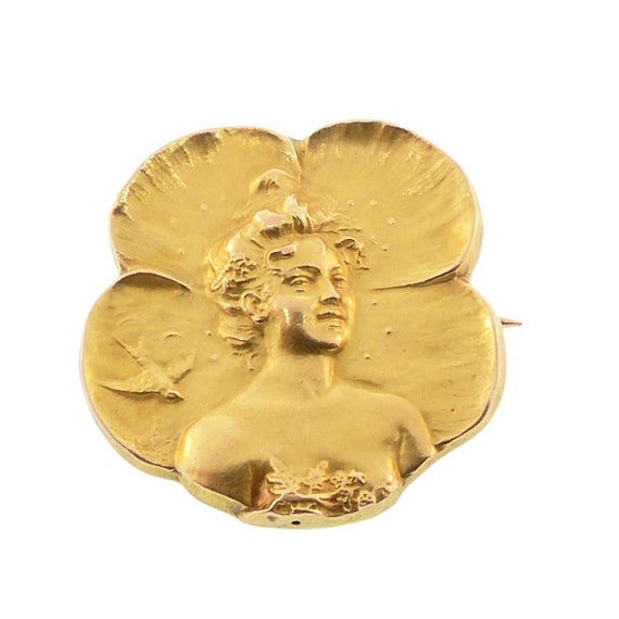 Armand Quenard 18K Gold Art Nouveau Poppy Lady Br… - image 1