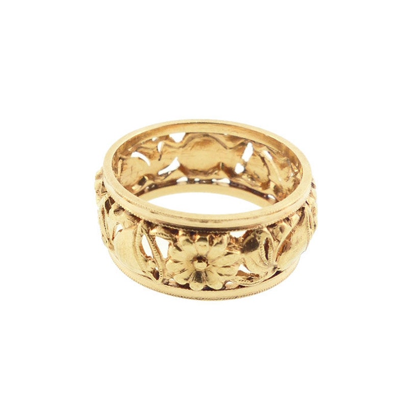 Mid-Century Pierced 14K Yellow Gold Wedding Bells & Floral Band image 4