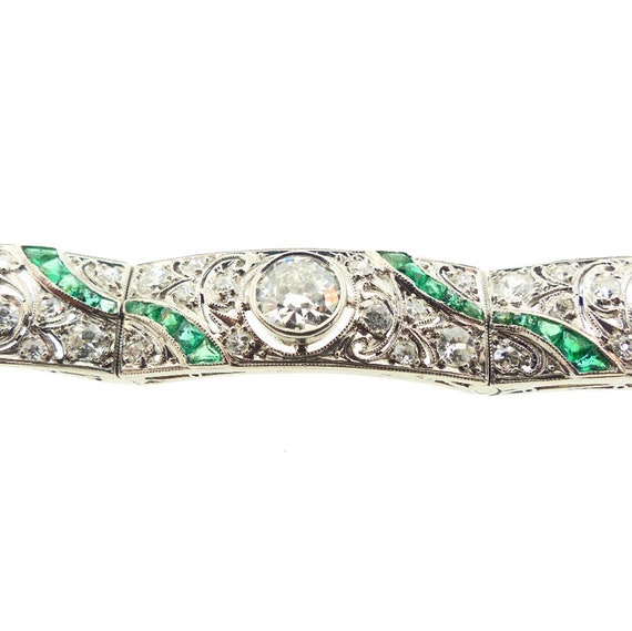 French Art Deco Platinum, Diamond & Emerald Brace… - image 7