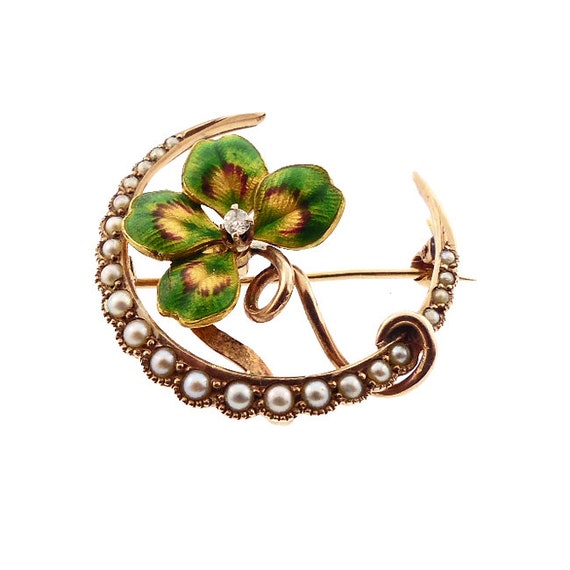 Art Nouveau 14K Gold Enamel Diamond Pearl 4-Leaf Clover Honeymoon Pin