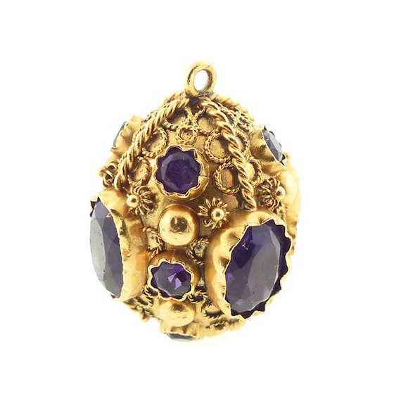 Venetian Etruscan 18K Gold & Amethyst Egg-Shaped Fob Charm Pendant