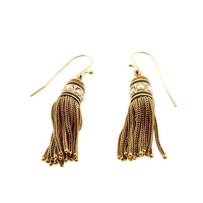 Victorian 18K Gold, Pearl & Enamel Foxtail Tassel Earrings