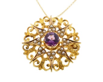 Victorian Gold, Amethyst & Seed Pearl Starburst Pendant / Pin