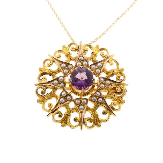 Victorian Gold, Amethyst & Seed Pearl Starburst Pendant / Pin