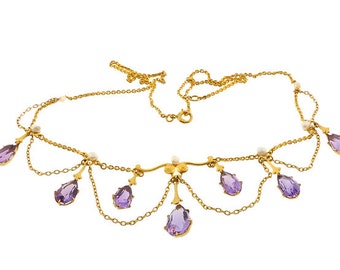 Art Nouveau Krementz 14K Gold Amethyst & Pearl Festoon Necklace