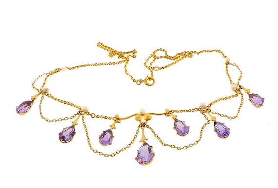 Art Nouveau Krementz 14K Gold Amethyst & Pearl Festoon Necklace