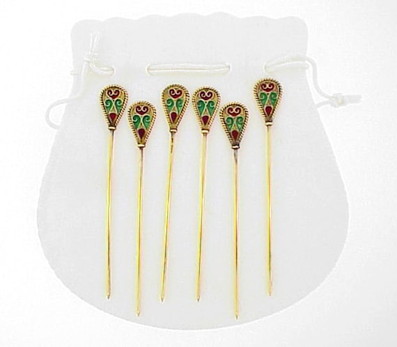 Art Nouveau Scandinavian Silver Plique-a-Jour Enamel Cocktail Picks