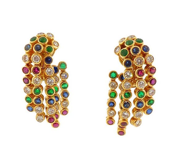 1950s Chaumet 18K Gold Diamond Ruby Sapphire & Emerald Waterfall Earrings