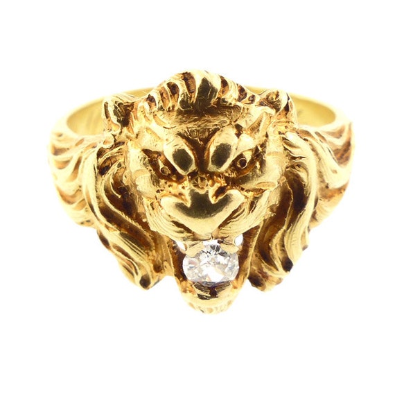 Art Nouveau 18K Gold & Diamond Gentleman’s Lion R… - image 1