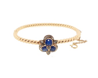 Imperial Austrian Gold Sapphire Diamond Trefoil Hinged Bangle Bracelet