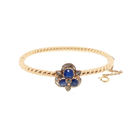 Imperial Austrian 14K Gold Sapphire Diamond Trefoil Hinged Bangle Bracelet
