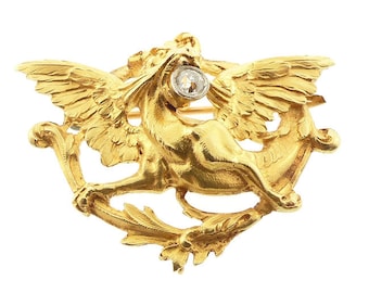French Victorian Art Nouveau 18K Gold Diamond Griffin Pendant & Brooch