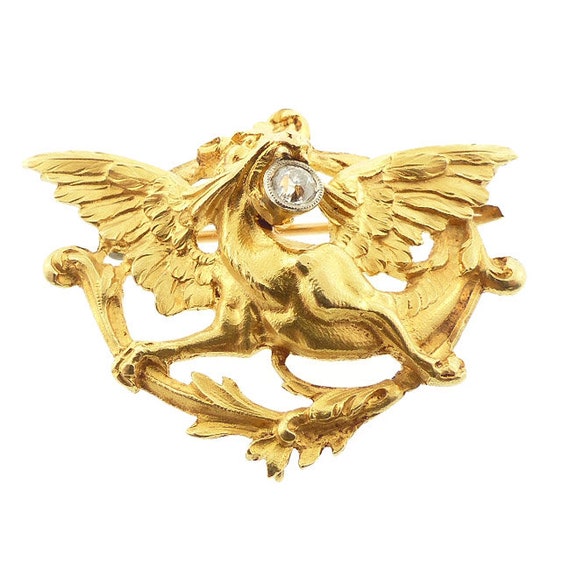 French Victorian Art Nouveau 18K Gold Diamond Griffin Pendant & Brooch