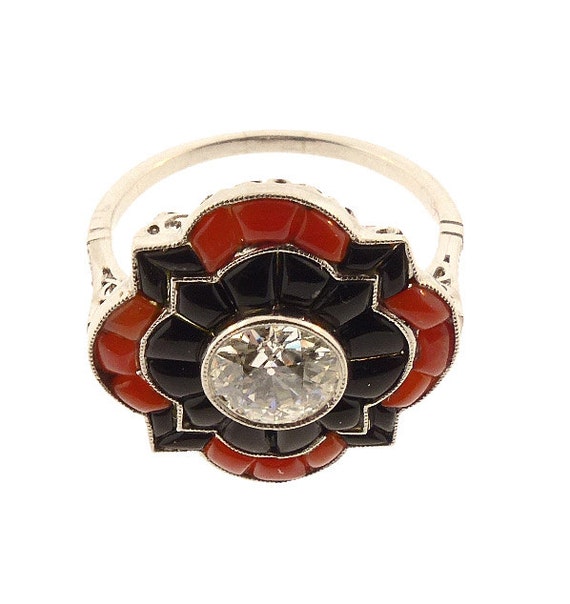 Art Deco Platinum Filigree, Diamond, Coral & Onyx… - image 3