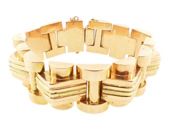 Chunky French Retro 18K Rose & Yellow Gold Tank Bracelet