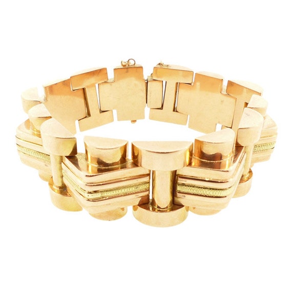 Chunky French Retro 18K Rose & Yellow Gold Tank Bracelet