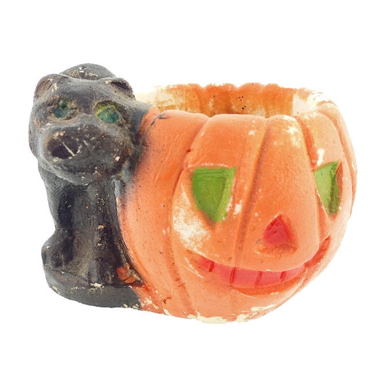 VIntage Bisque Halloween Jack o'Lantern & Black Cat Candy Container