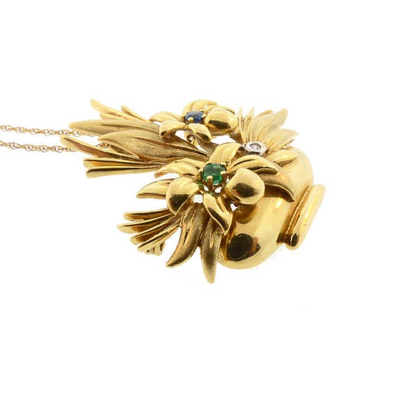 Retro 18K Gold, DIamond, Emerald & Sapphire Flowe… - image 3