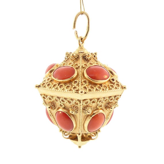 Venetian Etruscan 18K Gold & Coral Large Charm / Pendant